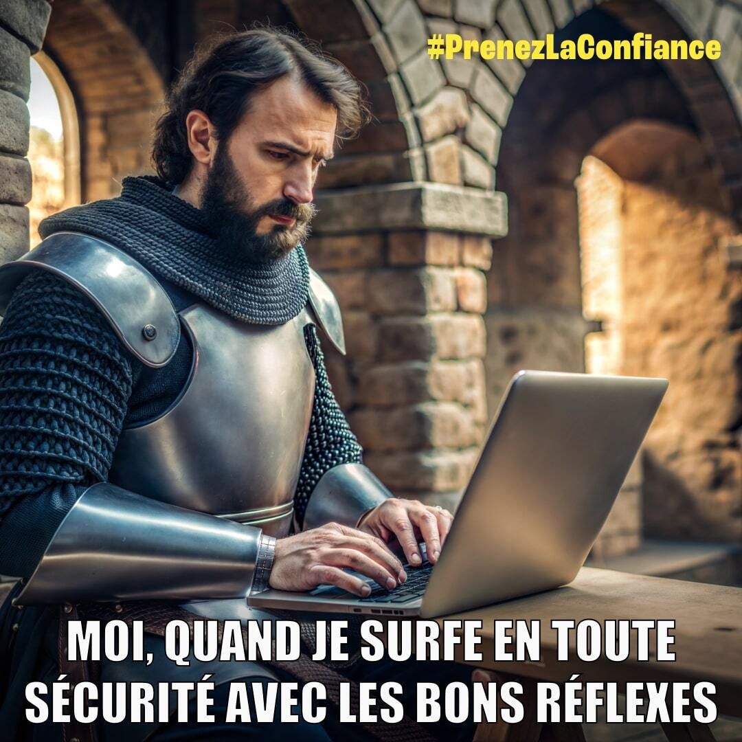 Mème montrant un chevalier médiéval portant une armure complète utilise un ordinateur portable, avec le texte : 'Moi, quand je surfe en toute sécurité avec les bons réflexes'. Hashtag : #PrenezLaConfiance.