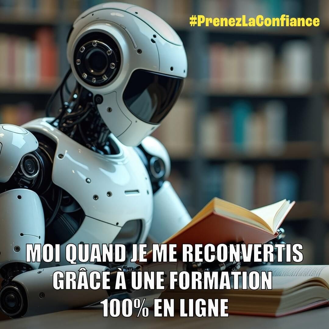 Mème présentant un robot dans une bibliothèque, lisant un livre, accompagné du texte : "Moi quand je me reconvertis grâce à une formation 100% en ligne". Hashtag : #PrenezLaConfiance.