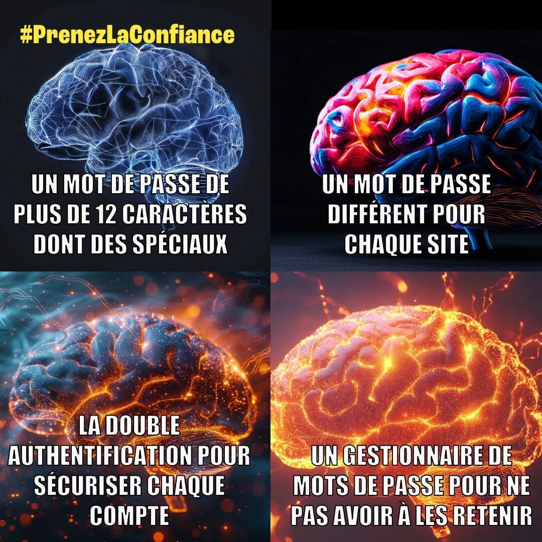 Mème composé de quatre images de cerveaux stylisés dans différentes couleurs (bleu, rouge-rose, orange-bleu, et orange vif), accompagnés des textes : "Un mot de passe de plus de 12 caractères dont des spéciaux", "Un mot de passe différent pour chaque site", "La double authentification pour sécuriser chaque compte", "Un gestionnaire de mots de passe pour ne pas avoir à les retenir". Hashtag : #PrenezLaConfiance.